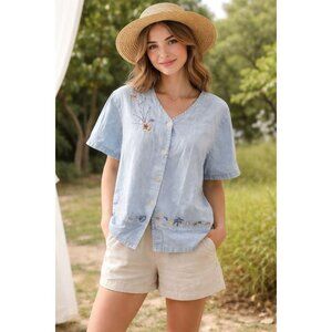 Teddi Vintage Denim Short Sleeve Embroidered  Pockets Top Lagenlook Size M